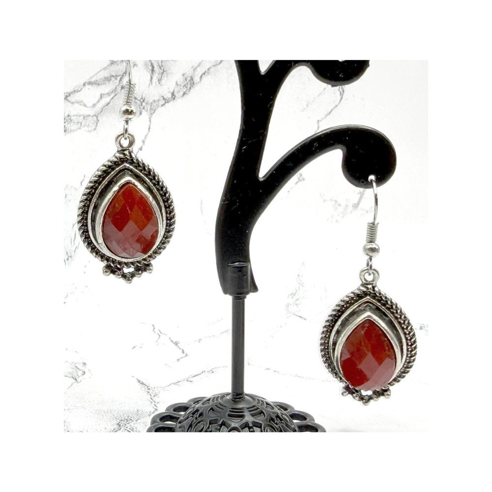 Silver Red Teardrop Dangle Earrings Boho Western Statement